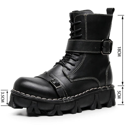 Genuine Leather Motorcycle Boots Platform Elastic