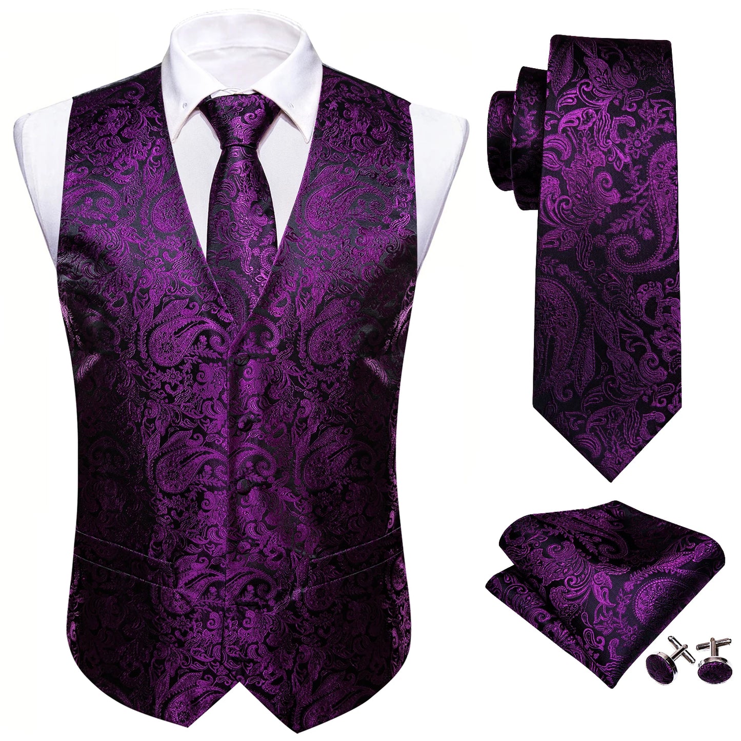 Lilac Purple Violet Lavender Silk Men Vest Tie Hanky Cufflinks Set Woven Waistcoat Sleeveless