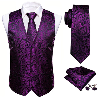 Lilac Purple Violet Lavender Silk Men Vest Tie Hanky Cufflinks Set Woven Waistcoat Sleeveless