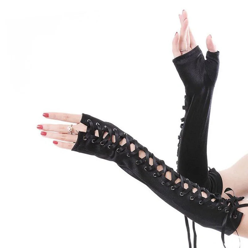 Lace Long Nylon Mesh Ribbon Rivets Fingerless Gloves