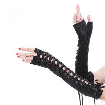Lace Long Nylon Mesh Ribbon Rivets Fingerless Gloves
