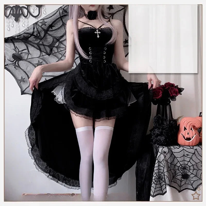 Vintage Gothic Lace Dovetail Halter Dress