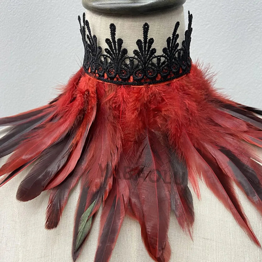 Black Feather Choker Collar Neck Cover Cape Shawl With Lace