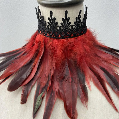 Black Feather Choker Collar Neck Cover Cape Shawl With Lace