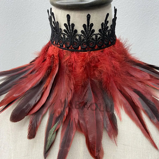 Black Feather Choker Collar Neck Cover Cape Shawl With Lace