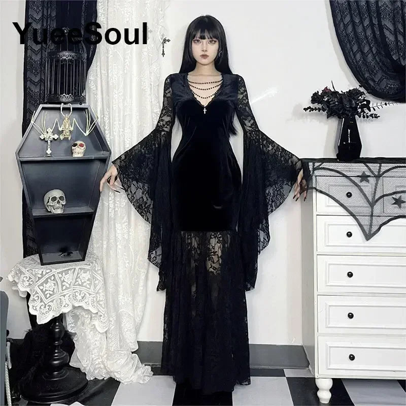 Gothic Long Sleeve Lace Slim Black Dresses
