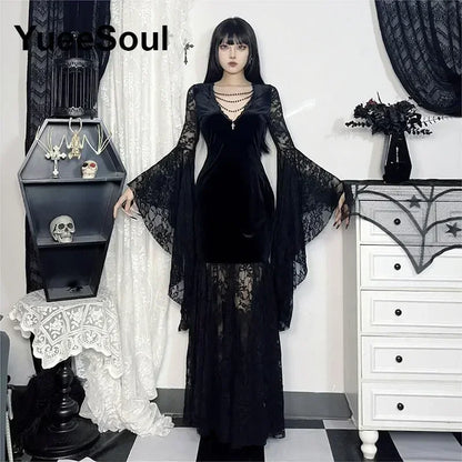 Gothic Long Sleeve Lace Slim Black Dresses