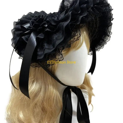 Straw Bonnet Hat With Lace Trim Bowknot