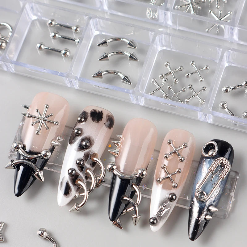 12 Grids Goth Punk Nail Charms Studs Piercing Designs Metallic Silvery Nails Art Rivets 3D Stars Alloy Nail Art Decorations