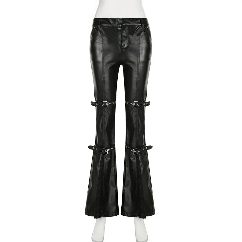PU Leather Flare Pants, Gothic Buckle, Lace Patchwork