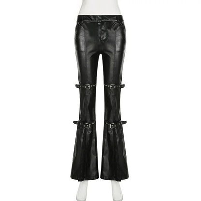 PU Leather Flare Pants, Gothic Buckle, Lace Patchwork