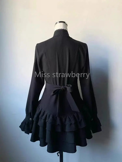 Spring Lace Up Dress Black Lolita Slim Dresses Lace Long Sleeve