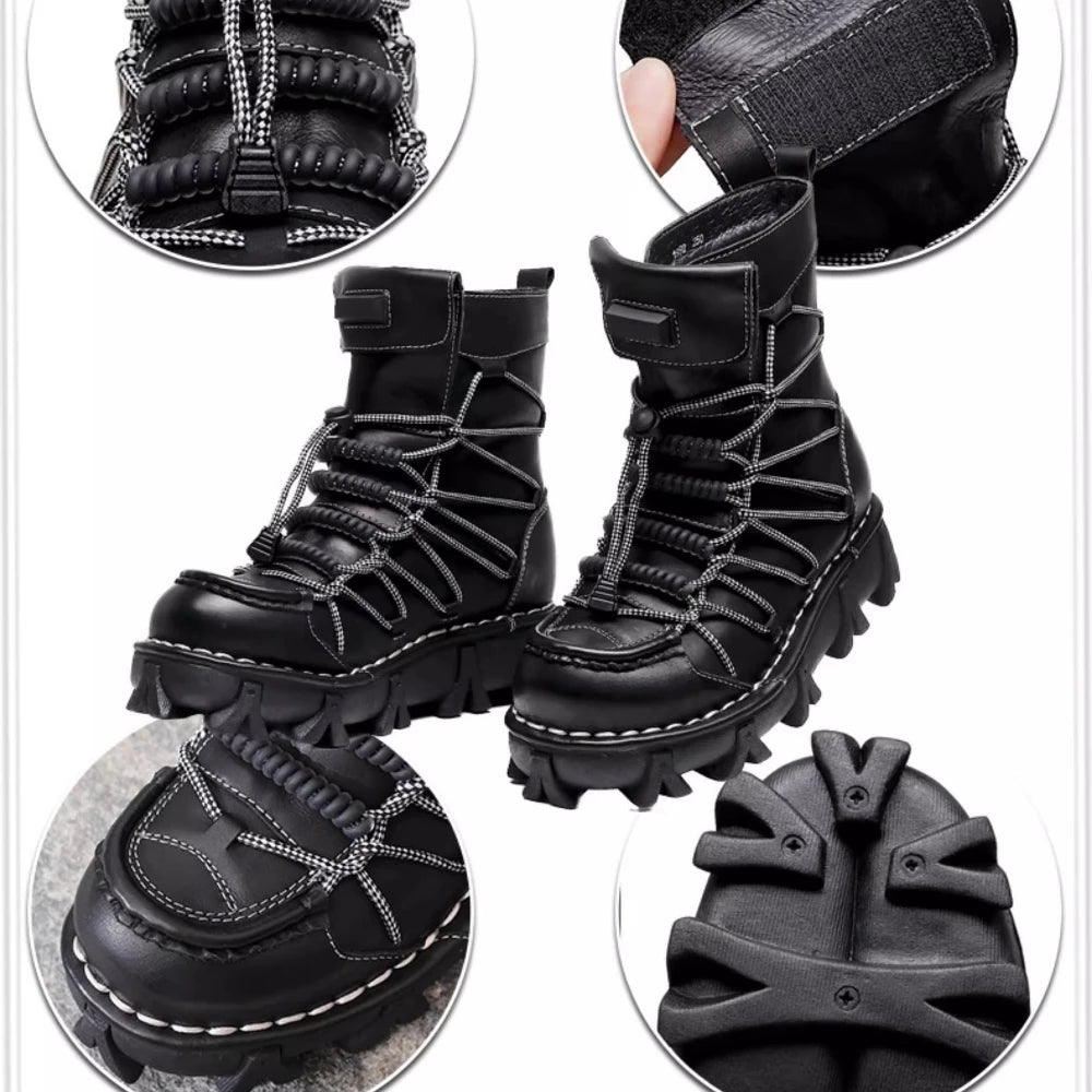 Genuine Leather Motorcycle Boots Platform Elastic