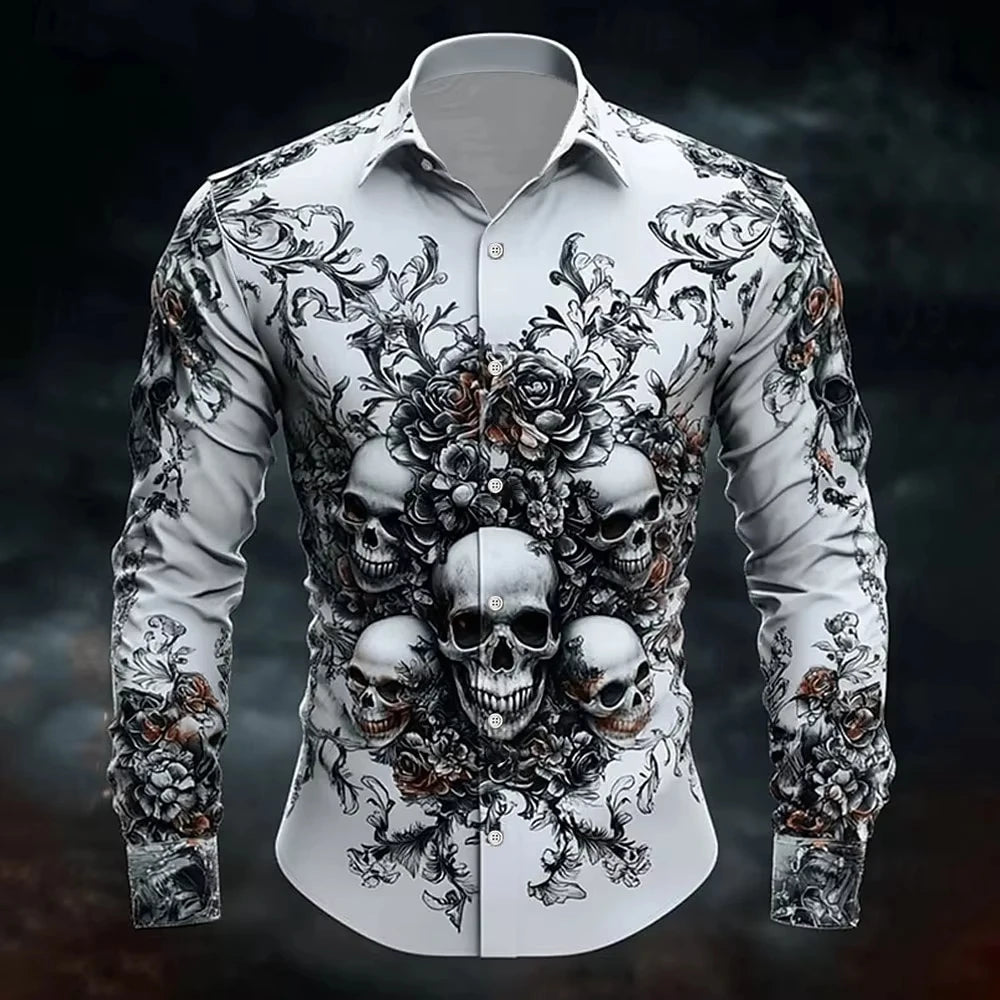 Skull Print Long Sleeve Graphic Shirt Loose Fit