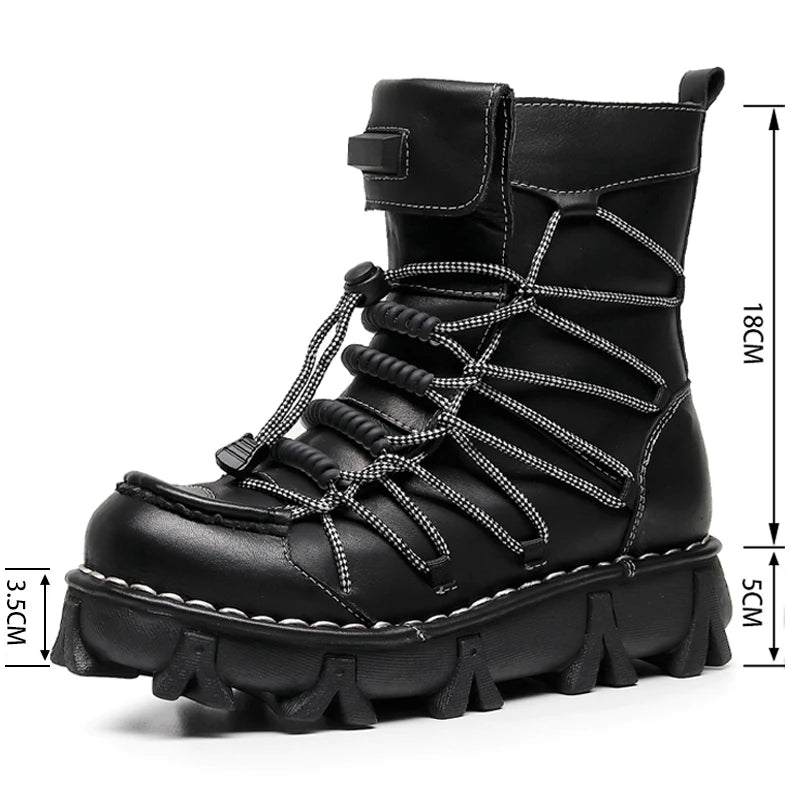 Genuine Leather Motorcycle Boots Platform Elastic