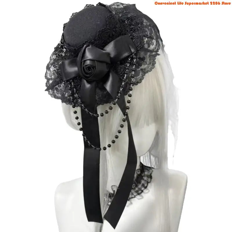Bead Chain Lace Headpiece Gothic Top Hat