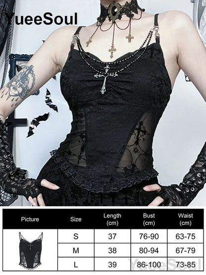 Gothic Lace Mesh Crop Spaghetti Strap Tops