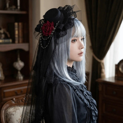 Lace Gothic Lace Veil Chain Chiffon Rose Hat Rose Victorian Retro Small Top Hat