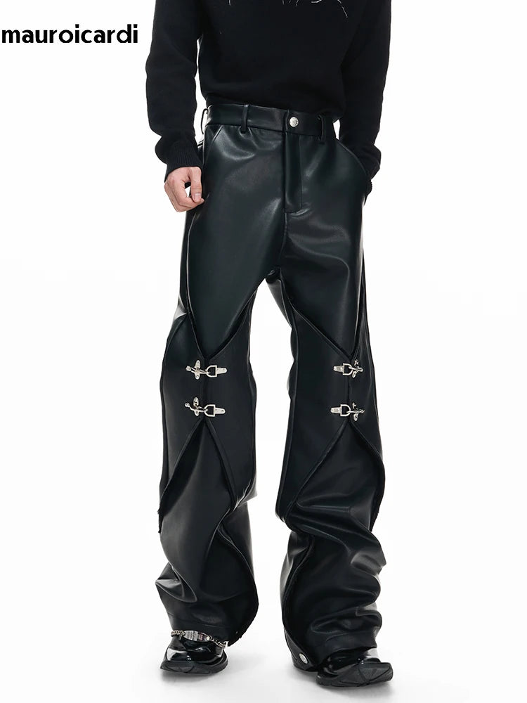 Mauroicardi Pu Leather Straight Pants High Waist with Split Metal Buckle