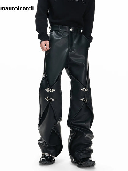 Mauroicardi Pu Leather Straight Pants High Waist with Split Metal Buckle