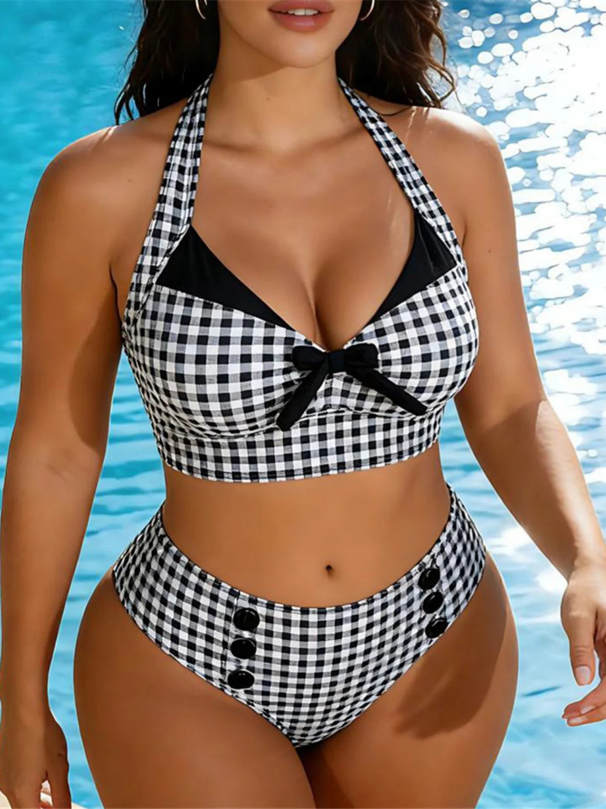 Plaid V Neck Female Swimsuit High Waist Bikini Women Two-Pieces