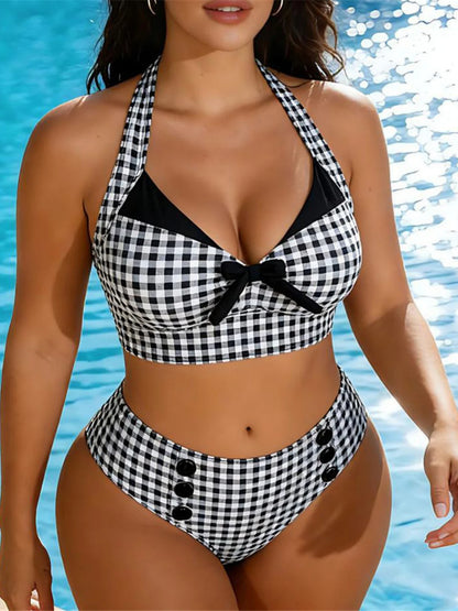 Plaid V Neck Female Swimsuit High Waist Bikini Women Two-Pieces