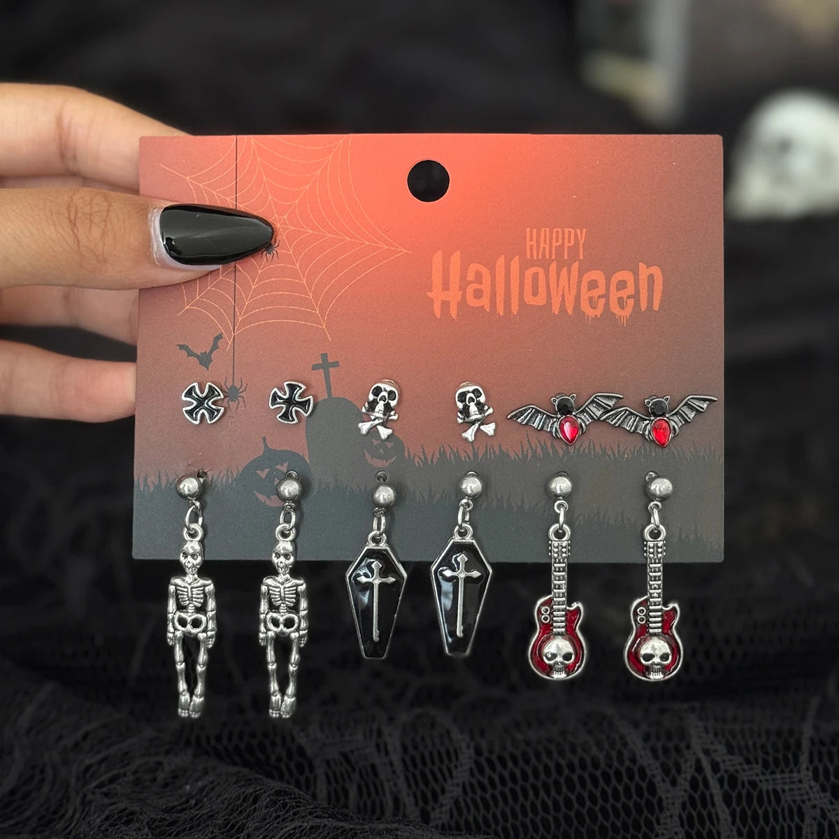 6Pairs/Set Halloween Red Crystal Skull Spider Metal Drop Earrings for Women Goth Cross Rose Piercing Earrings Jewelry