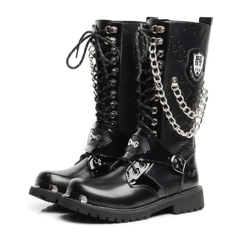 Men Fashion Motorcycle Boots Mid-calf Chain Combat Belt Hightop Casual Steel Toe