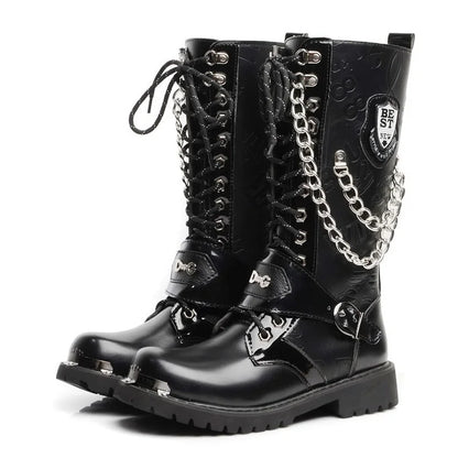 Men Fashion Motorcycle Boots Mid-calf Chain Combat Belt Hightop Casual Steel Toe
