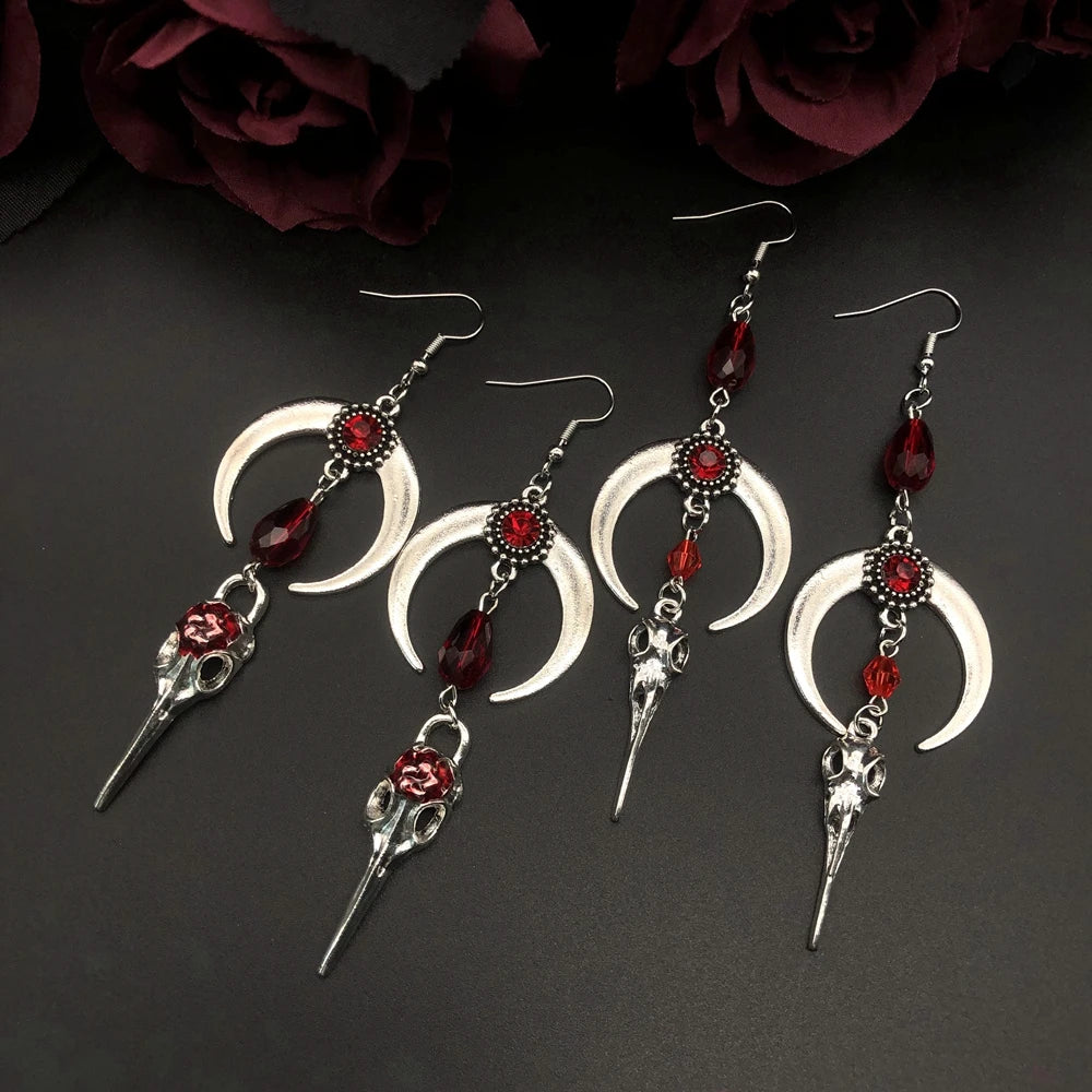 Crow Skull Earrings Horns Red Blood Drops Crystal