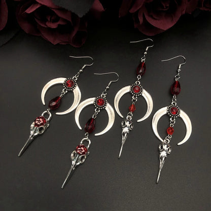 Crow Skull Earrings Horns Red Blood Drops Crystal