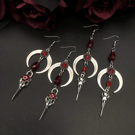 Crow Skull Earrings Horns Red Blood Drops Crystal