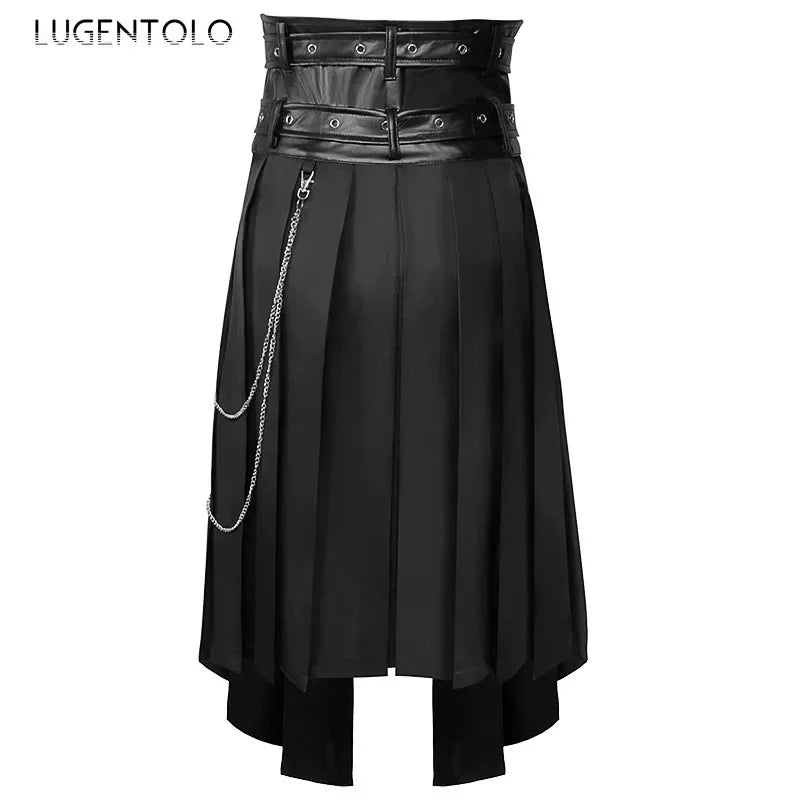 Men Pleated Skirt Asymmetric Black Chain
