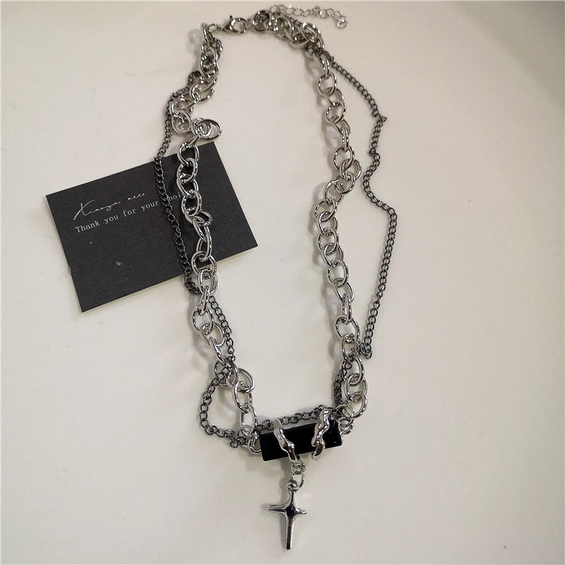 Punk Rock Black Heart Cross Pendant Chain Necklace Goth Accessories