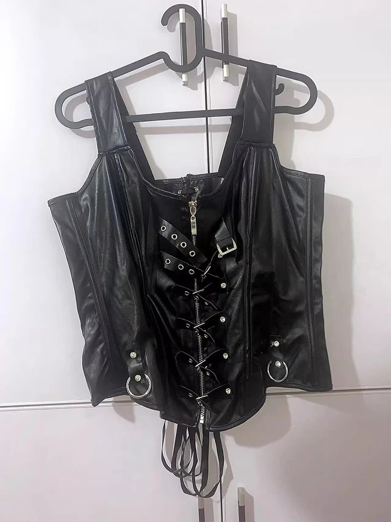 Faux Leather Harness Court Shaper Overbust Corselet Bustier Waist Trainer Vest Corset