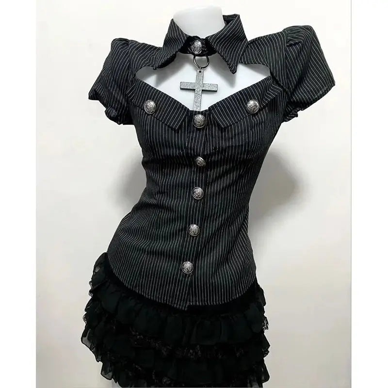 2 Piece Sets Slim Waist Striped Blouses A-line Mini Skirt Suit