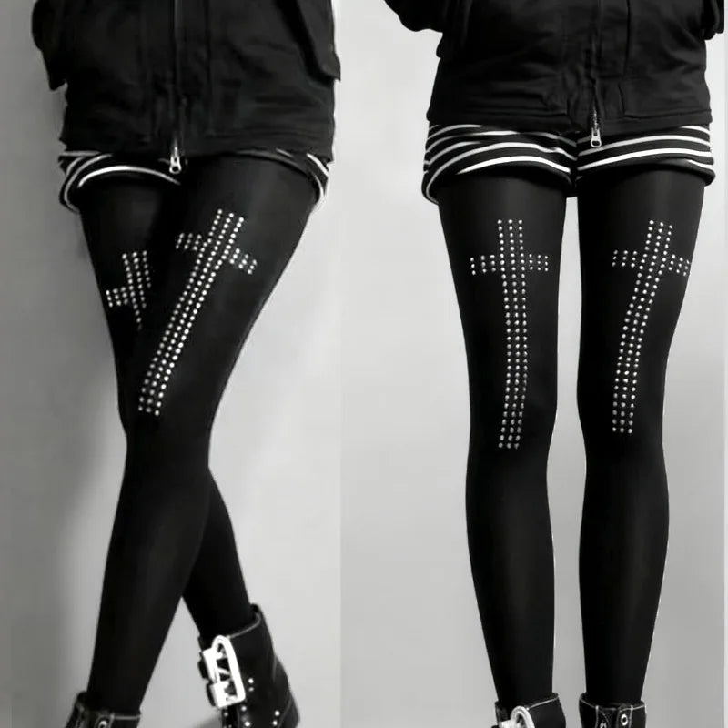 Rhinestone Cross Tights Pants Pantyhose