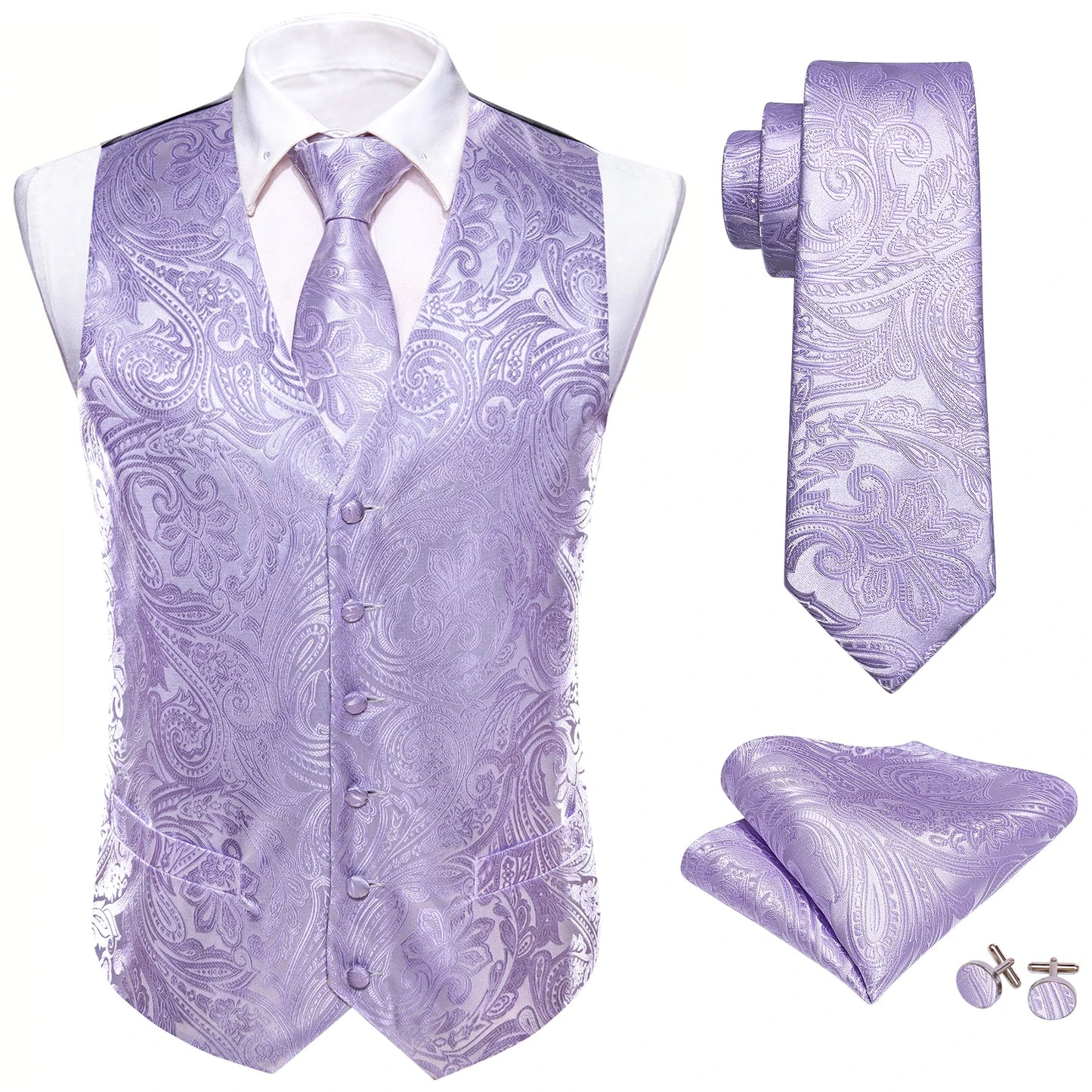 Lilac Purple Violet Lavender Silk Men Vest Tie Hanky Cufflinks Set Woven Waistcoat Sleeveless