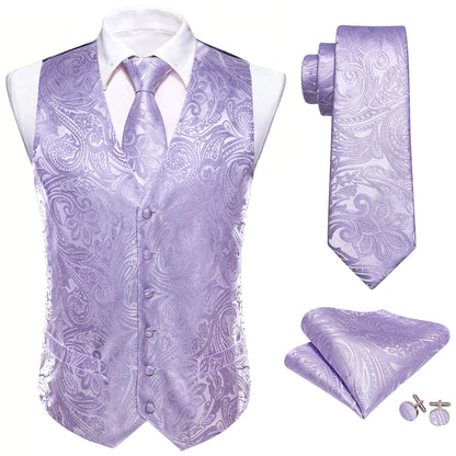 Lilac Purple Violet Lavender Silk Men Vest Tie Hanky Cufflinks Set Woven Waistcoat Sleeveless