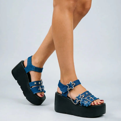 Gothic Chunky Platform Wedges Sandals Slides with Chain