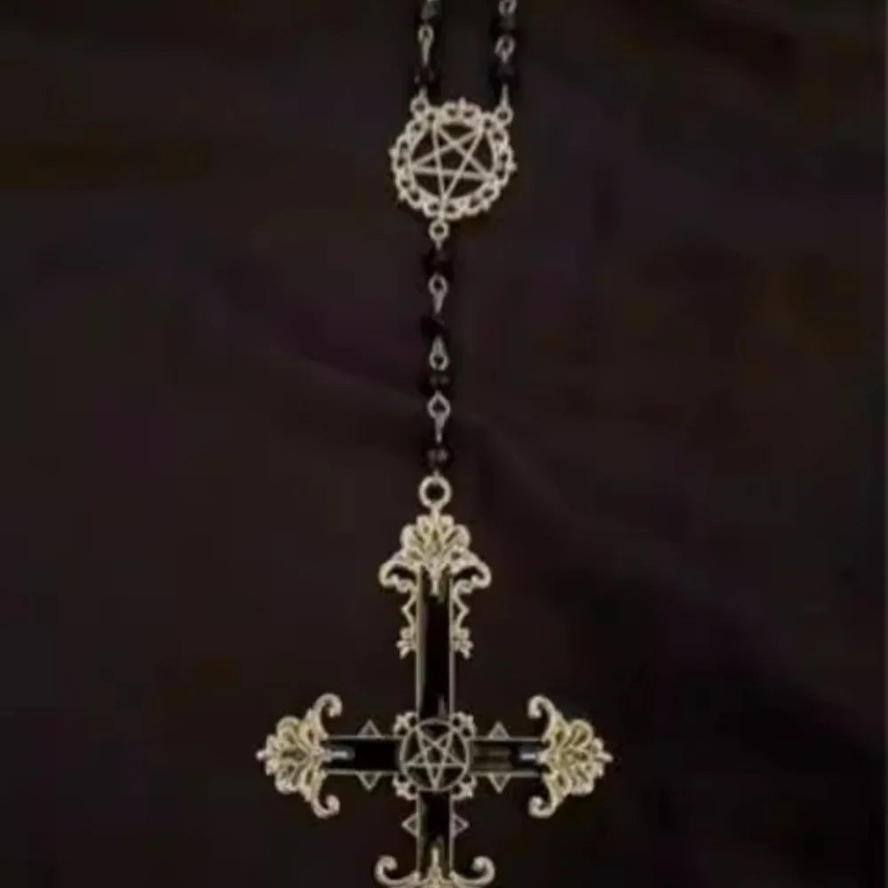 Goth Hollowed-out Circle Lacework Inverted Cross Pendant Black Bead Chain Necklace