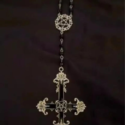 Goth Hollowed-out Circle Lacework Inverted Cross Pendant Black Bead Chain Necklace