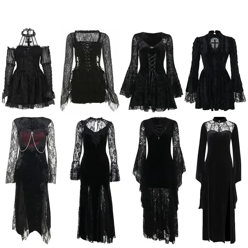 Gothic Long Sleeve Lace Slim Black Dresses
