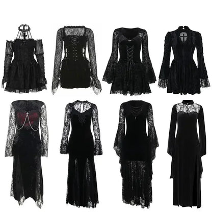 Gothic Long Sleeve Lace Slim Black Dresses