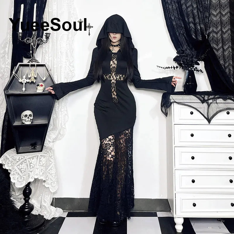 Gothic Long Sleeve Lace Slim Black Dresses