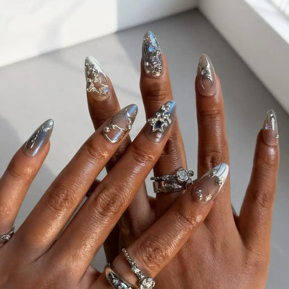 24Pcs Almond Press On Nails Goth Silve Rhinestone