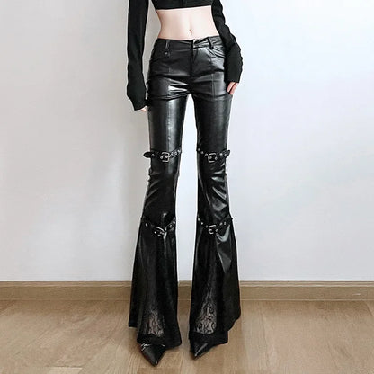 PU Leather Flare Pants, Gothic Buckle, Lace Patchwork