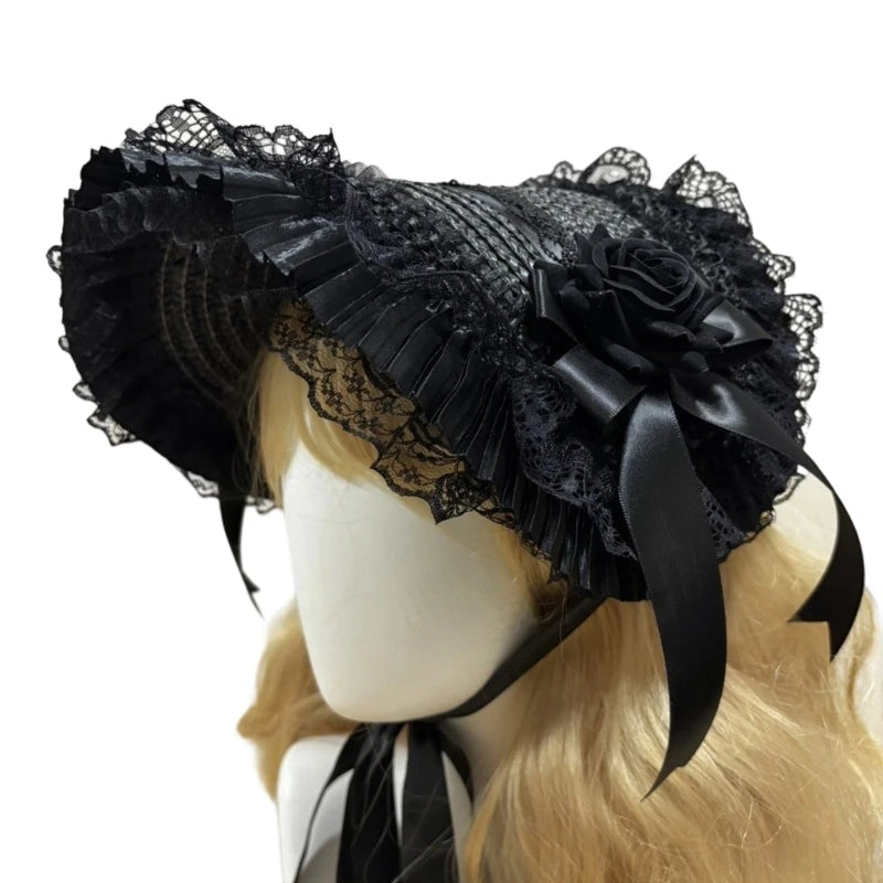 Straw Bonnet Hat With Lace Trim Bowknot