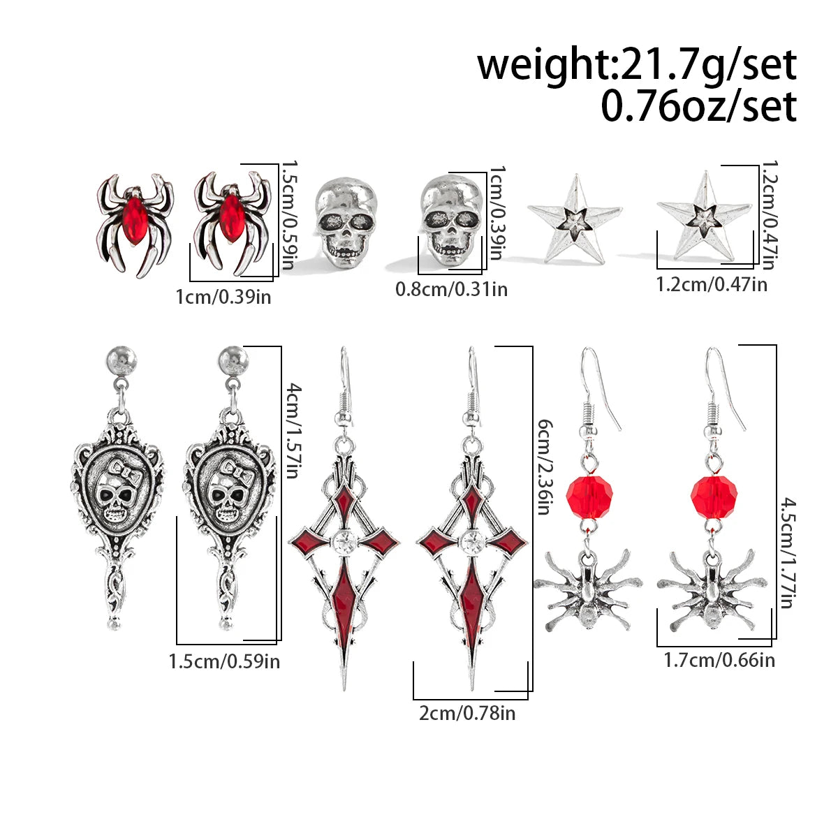 6Pairs/Set Halloween Red Crystal Skull Spider Metal Drop Earrings for Women Goth Cross Rose Piercing Earrings Jewelry