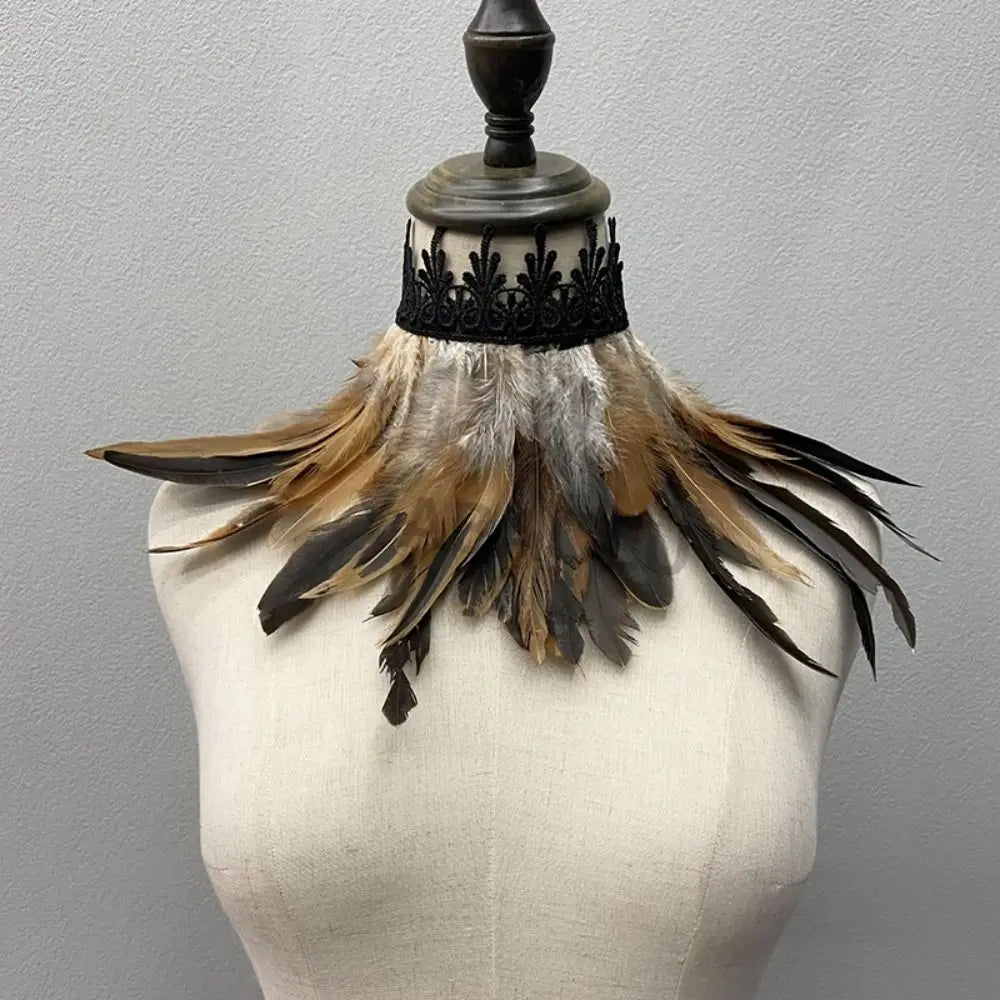 Black Feather Choker Collar Neck Cover Cape Shawl With Lace